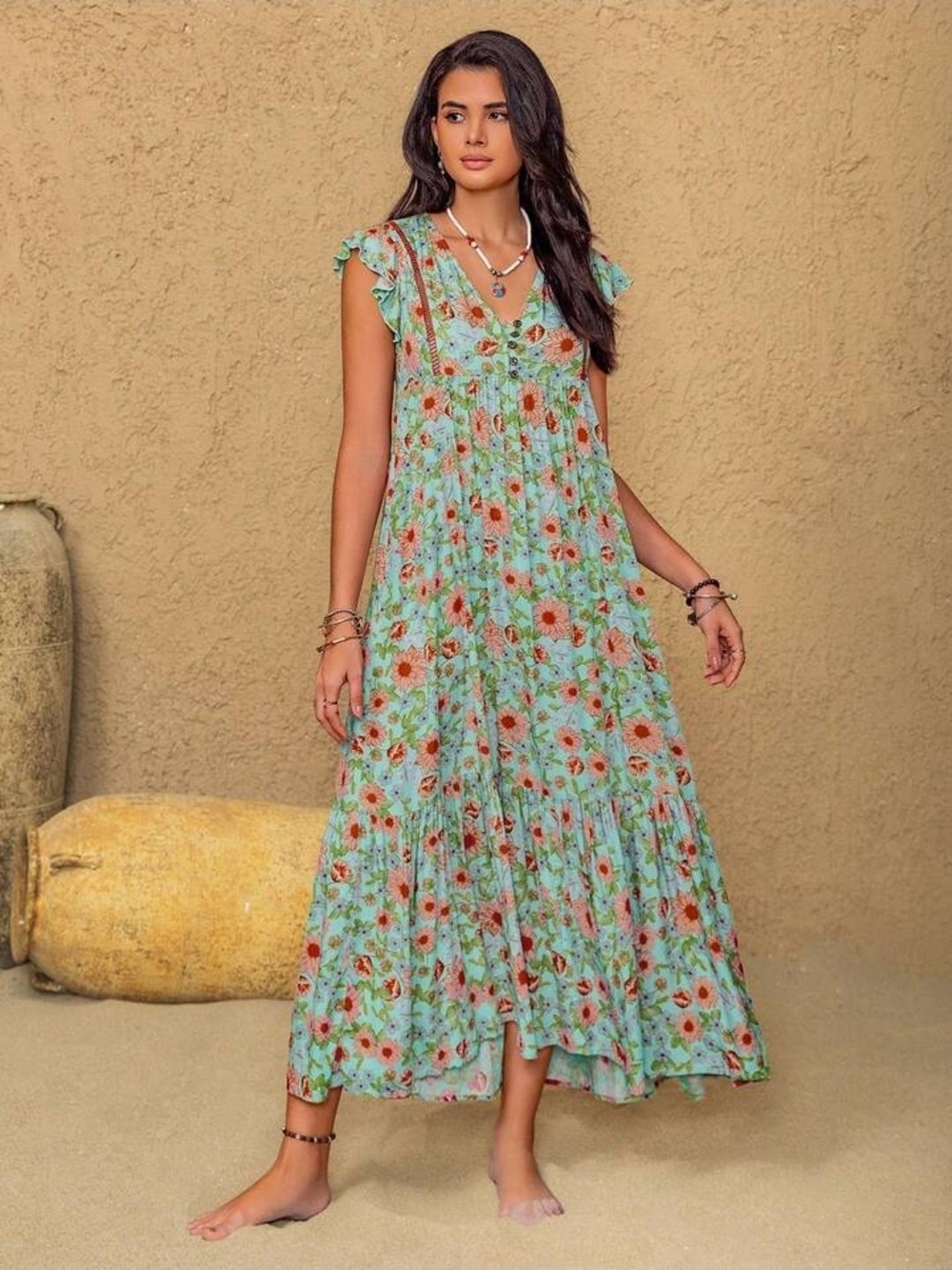 Floral Maxi Dress in Mint with Orange Blooms